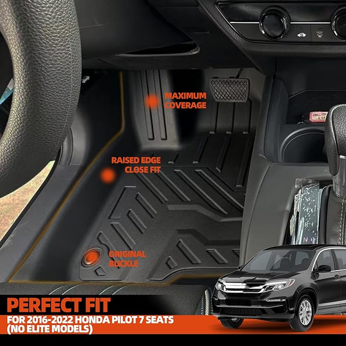 Custom Fit Floor Mats for 2016-2022 Honda Pilot 7 Seats/Captain Seat (No Elite Models), All Weather TPE Floor Liners with Trunk Mat & Backrest Protectors, Odorless Full Set Interior Accessories