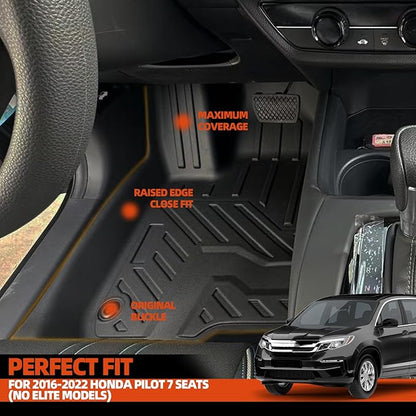 Custom Fit Floor Mats for 2016-2022 Honda Pilot 7 Seats/Captain Seat (No Elite Models), All Weather TPE Floor Liners with Trunk Mat & Backrest Protectors, Odorless Full Set Interior Accessories