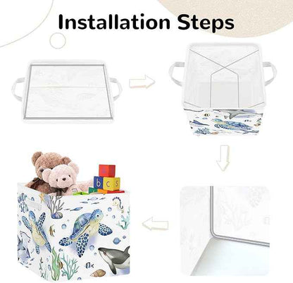 Clastyle 3 pcs Ocean Animals Cube Storage Unit Bin with Metal Frame Foldable Kallax Box for Shelves Parents Closet Organizer Basket for Book Clothes Toy Organizer, Turtle, 11.8x11.8x11.8 in