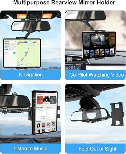 woleyi Rearview Mirror Tablet Holder for Car, Rear View Mirror Car Tablet Mount, 360° Rotatable Adjustable Universal Clip, for iPad Pro Air Mini, Galaxy Tabs, Z Fold, Fire HD, iPhone, 4.7-11" Devices