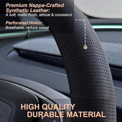 PINCTROT Nappa Leather Steering Wheel Cover for Tesla Model Y/3 Highland/Juniper, D Shaped 14 Inch Small Sized with Breathable Perforation, Fit Like Gloves, Flat Bottom 14 Inch(Nappa Black)
