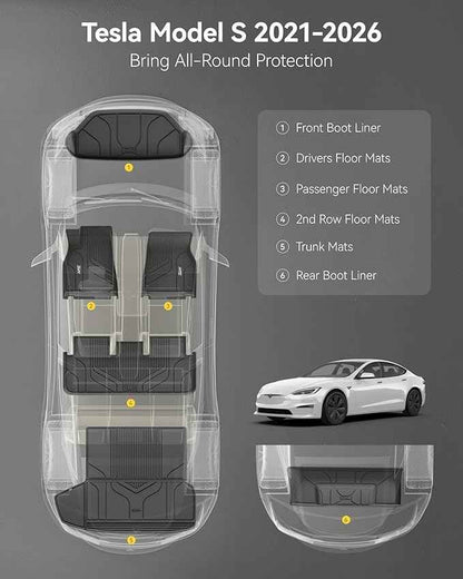 3W Floor Mats & Cargo Liner Fit for Tesla Model S 2021-2025 All Weather TPE Custom Fit Floor Liners for 1-3 Rows and Trunk Full Set Car Mats Black