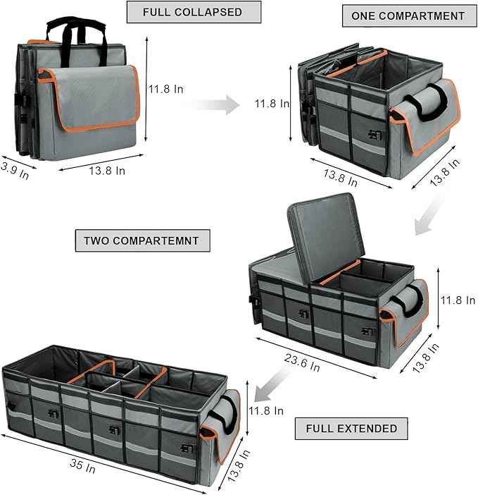 Car Trunk Organizer and Storage with Removable Leakproof Cooler Bag, 6 Removable Dividers for Custom Space, Collapsible Trunk Storage with Non Slip Bottom, Foldable Cover for SUV, Jeep, MPVs