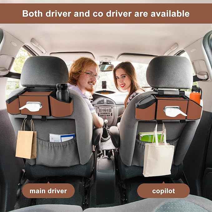 7-In-1 Car Seat Back Organizer with Cup Holders, Tissue Box, Garbage Can&Hooks, Multifunctional Headrest Storage Organizer, Headrest Cup Holder for Backseat, Car Accessories for Trips, Travels(Brown)