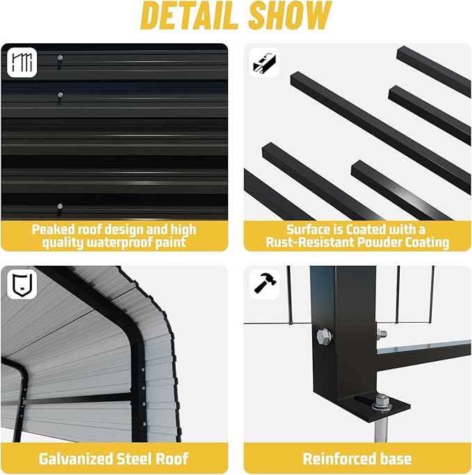 12x20FT Heavy Duty Metal Carport, Galvanized Steel Frame & Roof with Reinforced Base, All-Weather Outdoor Shelter for Vehicles, Boats and Outdoor Storage