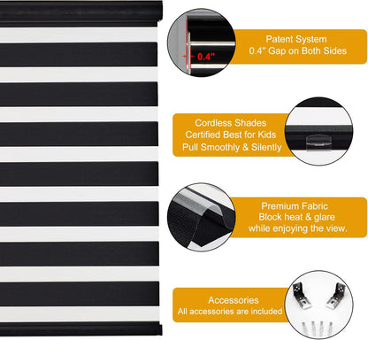 Persilux Cordless Zebra Blinds for Windows (33" W X72 H, Black) Free-Stop Roller Windows Shades Dual Layer Light Control for Day and Night, Light Filtering Sheer Shades for Home, Easy to Install