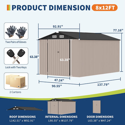 8x12 FT Metal Storage Sheds Outdoor, Metal ToolShed with Lockable Door, Metals Yard Sheds Metals Garden Shed Kit, MetalUtility Sheds Buildings with Air Vent for Backyard Garden Patio Lawn