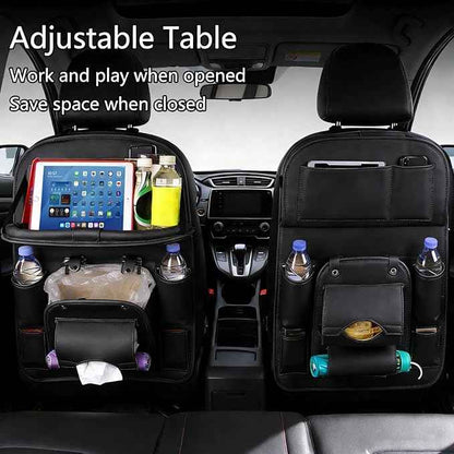Car Seat Organizer, Multifunctional Backseat Protector Mat, Storage Bag and Tray Rack, Trash Storage (Suitable for Cars, Children, Back of Seats, and Rear Seats) (Black, Leather 1-Piece Set)