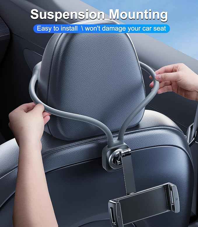 Car iPad Tablet Holder Back Seat Accessories for Tesla/Sport/Bucket/Performance Seats, Rear Headrest Tablet Hanger Mount for Kids/Adults, Road Trip Essentials with Car TV/Entertainment Gadgets
