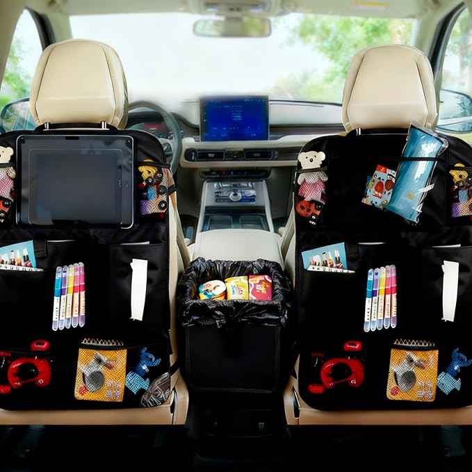 2 Pcs Large Size Car Backseat Organizer with 1 Pcs Trash Garbage Bag, Clear Screen Tablet Holder and 9 Storage Pockets,Foldable Seat Back Protectors for Toys Drinks Book ,Travel Accessories (Black)