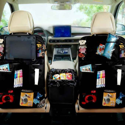 2 Pcs Large Size Car Backseat Organizer with 1 Pcs Trash Garbage Bag, Clear Screen Tablet Holder and 9 Storage Pockets,Foldable Seat Back Protectors for Toys Drinks Book ,Travel Accessories (Black)