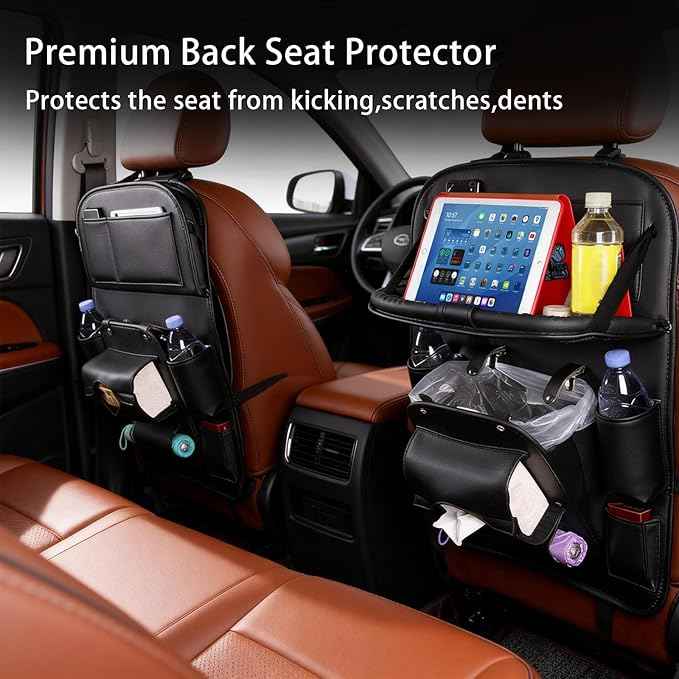 Car Seat Organizer, Multifunctional Backseat Protector Mat, Storage Bag and Tray Rack, Trash Storage (Suitable for Cars, Children, Back of Seats, and Rear Seats) (Black, Leather 1-Piece Set)