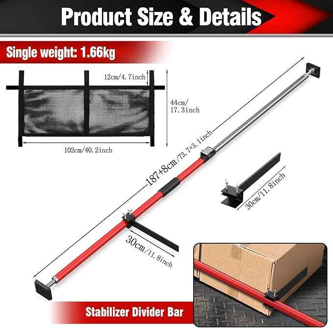 3-H Truck Cargo Bar, 43"-77" Adjustable Support Pole All Metal,Cabinet Jack,Truck Bed Divider with Self-Locking Spring Ratchet - Load Lock Bar for Vans, SUVs & Trucks,Red,1pc & Divider Bar+Net