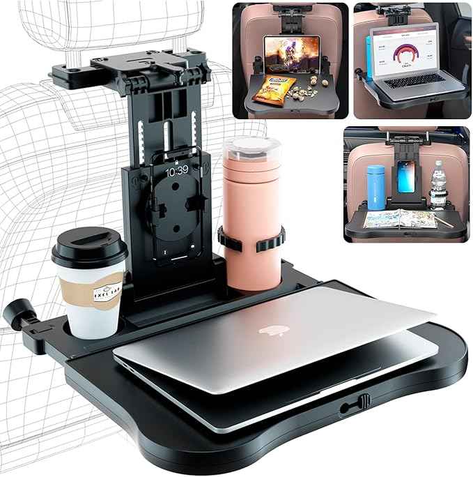 Car Back Seat Tray Table - Stable Foldable Auto Backseat Food Trays Desk for Rear Passenger Road Trip Eating & Work, Multifunctional Adjustable Travel Tray with Phone Drink Holder for Laptop iPad