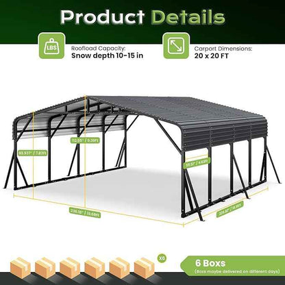 20x20FT Heavy Duty Metal Carport, Outdoor Portable Car Garage w/Reinforced Support Rods & Windproof Ground Anchors, All-Season Versatile Outdoor Shelter for 2 Car, Boats, Truck