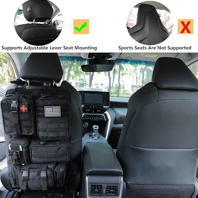 tactical car seat back organizer and storage truck seat covers with a Molle Vehicle Panel and 5 Different Size Molle Pouches for most models such as Jeep,SUV,Pickup(Black)