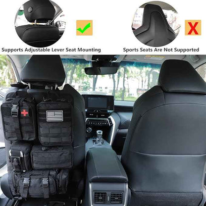 tactical car seat back organizer and storage truck seat covers with a Molle Vehicle Panel and 5 Different Size Molle Pouches for most models such as Jeep,SUV,Pickup(Black)