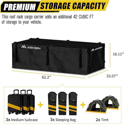 ARKSEN Roof Top Luggage Storage Bag for 64" x 39" Roof Baskets Waterproof 21.5 Cubic Feet (62.2" L x 33.07" W x 18.11" H) with 10 Straps Anti-Slip Mat 6 Door Hooks for All Vehicles with/Without Rack