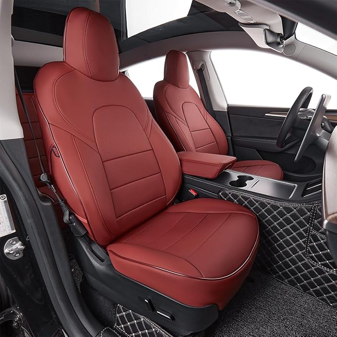 EKR Model Y Seat Covers for Tesla Model Y 2021 2022 2023 2024 Long Range (Only for 7 Seats),Waterproof Seat Protectors,Car Seat Cover Full Set,Faux Leather (Burgundy)