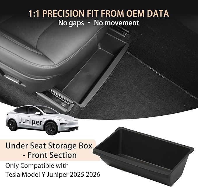 For Tesla Model Y Juniper 2025 2026 Under Seat Storage Box Organizer - Front Row，Anti-Slip Hidden Underseat Organizer Tray Storage Box for Model Y Juniper Interior Accessories (No Lid Cover, 1 Pack）