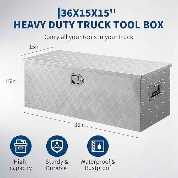 Heavy Duty Aluminum Truck Bed Tool Box 36'', Professional-Grade Storage Chest with Secure Lock, Gas Strut Lid, and Small Parts Organizer, Durable Heavy Duty Alu Tool Box for Pickup, RV, Trailer