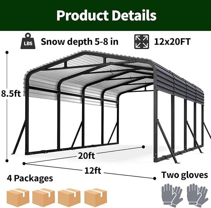 12x20 Metal Carport, Heavy Duty Outdoor Vehicle Shelter with Steel Frame & Roof, DIY Assembly Open-Side Canopy for Car, Pickup, Boat & Equipment