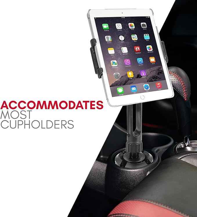 Macally Cup Holder Tablet Mount - Heavy Duty iPad Cup Holder Car Mount Stand or Tablet Holder for Car, Truck, and Vehicle - Fits Devices 3.5" - 8” Wide with Case - Adjustable iPad Holder for Car