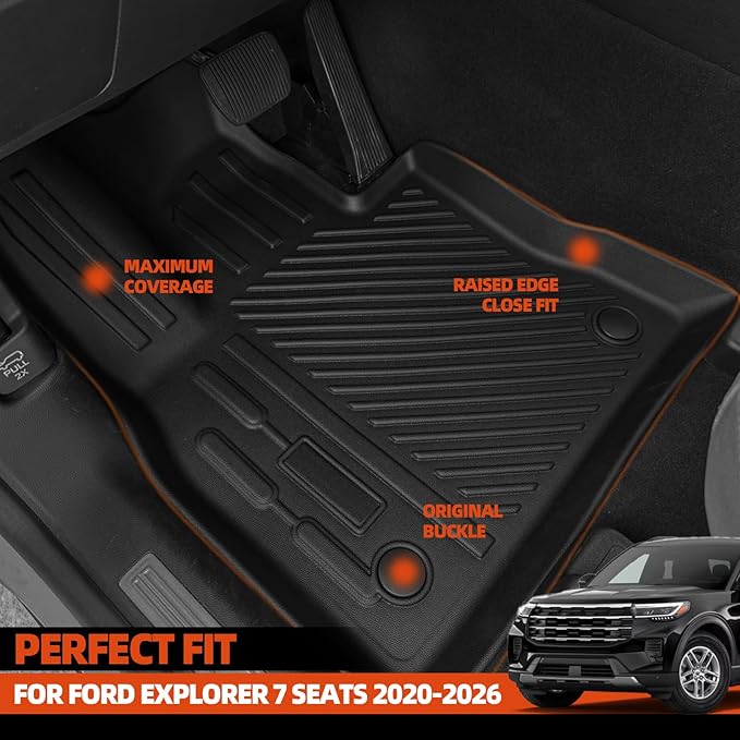 Custom Fit Floor Mats for Ford Explorer (7 Seats) 2020-2026, All Weather TPE Floor Liners with Trunk Mat & Backrest Protectors, Odorless Full Set Interior Accessories
