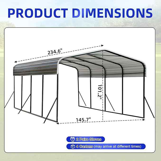 12x20 FT Oversized Metal Carport, Heavy-Duty Car Garage with Enhanced Base & Reinforced Supports, All-Weather Outdoor Shelter for Cars, RV, Trucks, Boats, Light Gray
