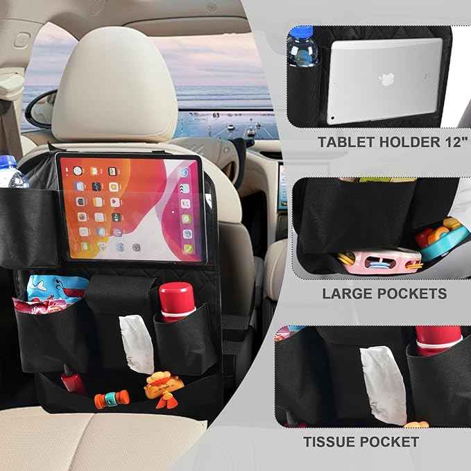 Car Seat Organizers,Multi-functional Back Seat Protectors, Storage Pouches, Child kicking prevention and Tray Holders Kick Mats Back (for Cars, Kids,and Rear Seats) (Black, 2 Pack)