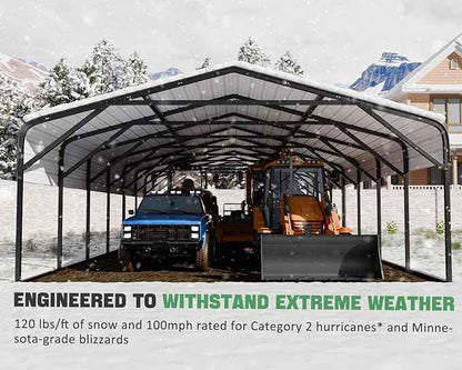 20x52 FT Ultra-Long Industrial Carport Kit, All-Weather Steel Garage for Class A RVs,Farm Equipment, 120lbs/Sq.Ft Snow Wind Resistant Carports Modular Canopy with Anti-Snow Roof Auger Anchoring System
