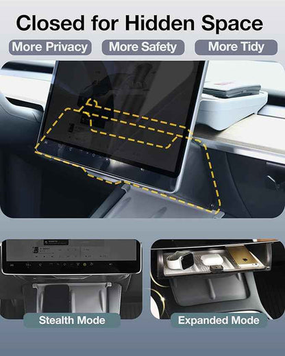 Tesla Hidden Under Screen Storage Box [One-tap Open & Smooth Damping Slides] Center Console Organizer for Model Y Juniper Model 3 Highland 2026~2016 (Fit New Model Y/3 Standard, Premium & Performance