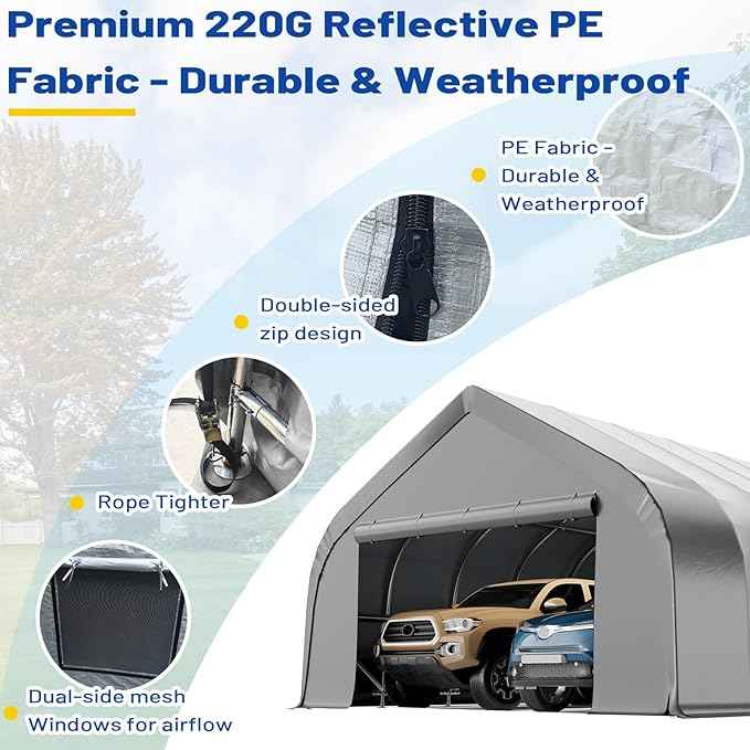 EROMMY 20x40 FT Heavy Duty Durable Carport, Silver Gray, Galvanized Steel Frame Garage Shelter and Outdoor Storage, Waterproof 3-Layer PE Cover, Fits 4 Cars, Boat, Farm Equipment