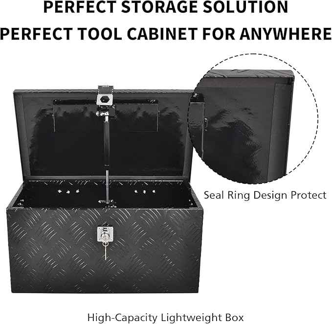 20 Inch Black Aluminum Tool Box 5 Bar Tread Flatbox for Truck Car Outdoor Trailer Pickup Underbody RV ATV Storage Tools Organizer with Lock Side Handle and Keys (20"X12"X9.5")