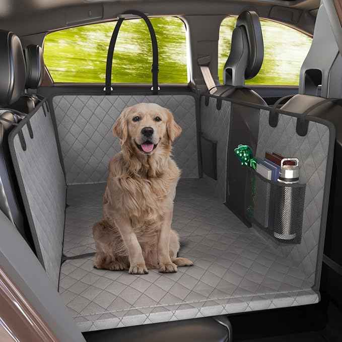 Katziela Large Seat Guard Waterproof Back Seat Extended Cover with Mesh Window Storage Pockets Double Layer Foam Mattress Dog Comfort Hammock Style Scratch Proof Nonslip Fits Car Trucks SUVs (Gray)