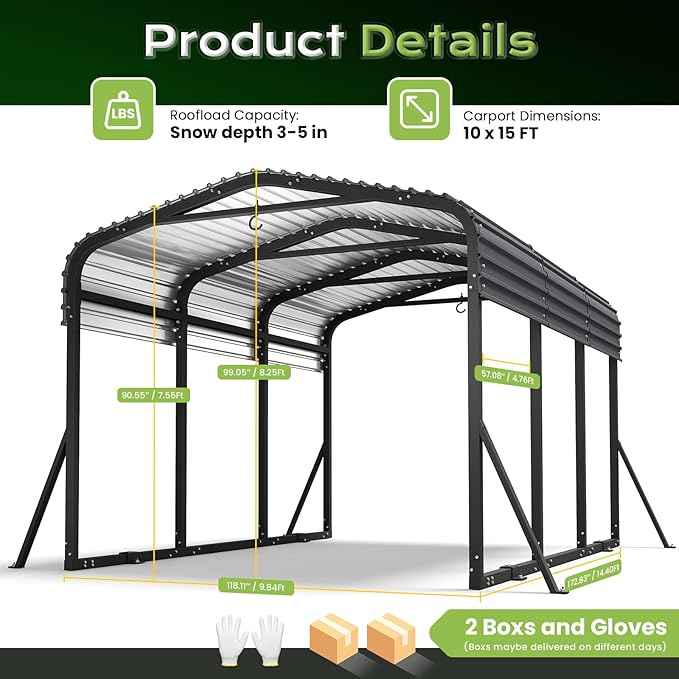 10x15FT Metal Carport, Heavy Duty Car Garage w/Reinforced Support Rods and Windproof Ground Anchors, All-Weather Multi-Use Outdoor Shelter for Car, Boats and Truck