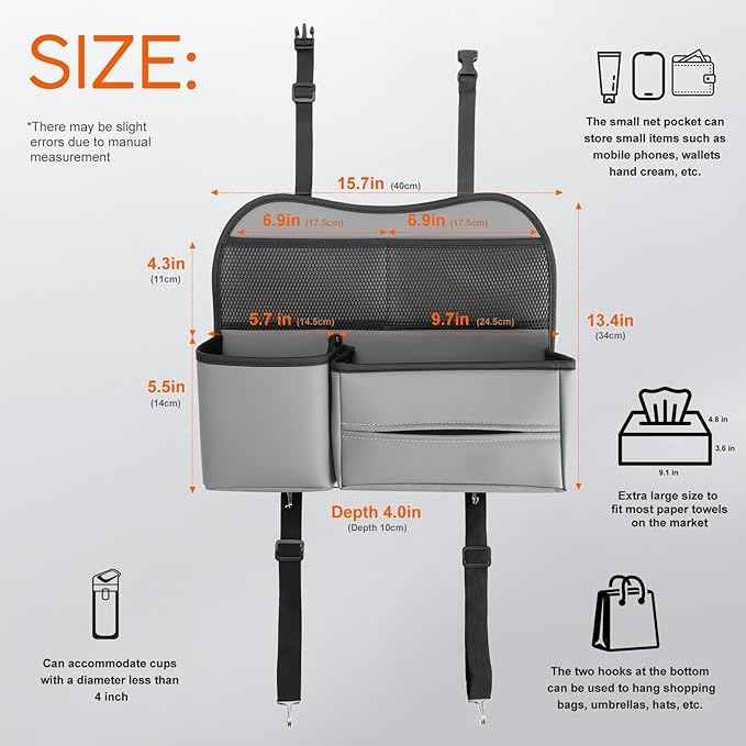 Leather Car Seat Back Organizer with Tissue Holder, Water Bottle Holder, Phone Holder for Road Trips. (Gray)