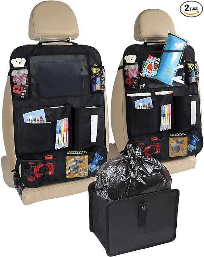 2 Pcs Large Size Car Backseat Organizer with 1 Pcs Trash Garbage Bag, Clear Screen Tablet Holder and 9 Storage Pockets,Foldable Seat Back Protectors for Toys Drinks Book ,Travel Accessories (Black)