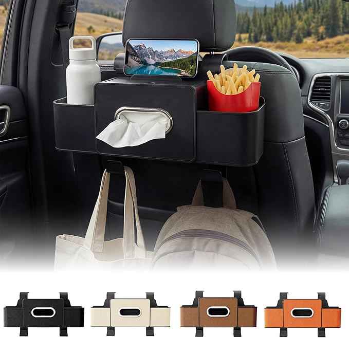 Backseat Car Organizer, 4 in 1 Multifunctional Car Back Seat Storage Organizer with Tissue Box, 2 Cup Holders, Phone Stand and Hooks, Automotive Seat Back Organizers (Black)