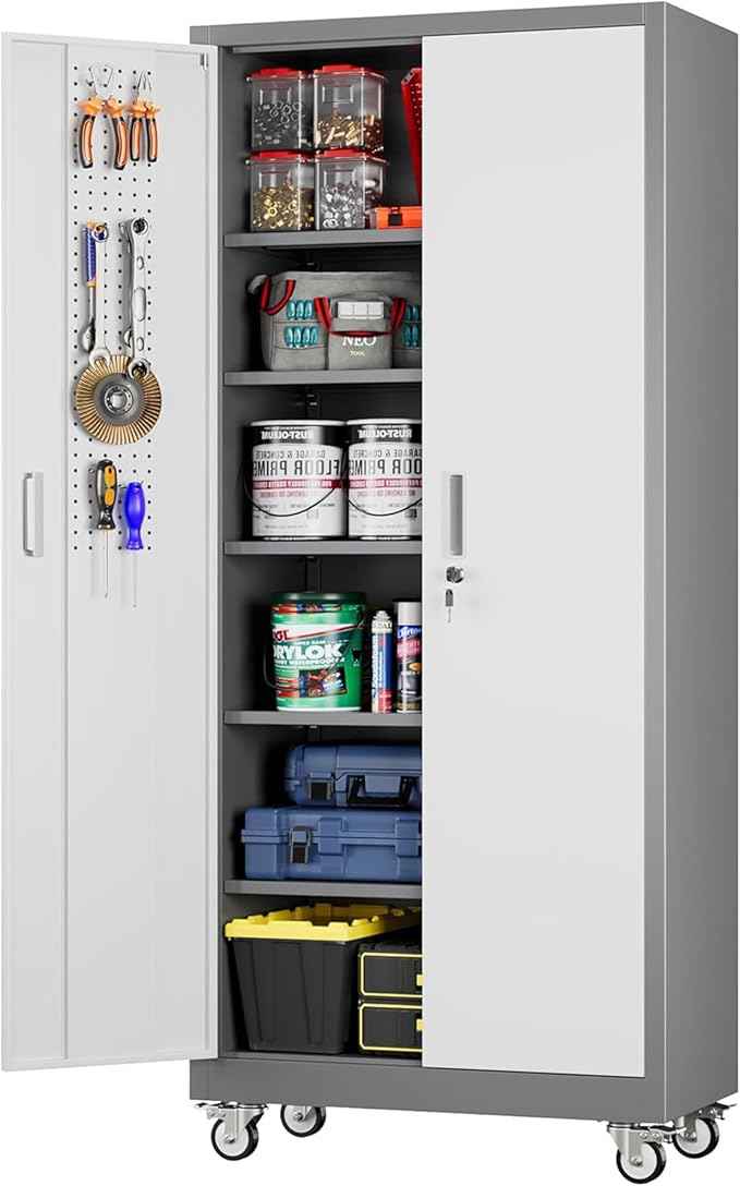 Aobabo Upgraded Garage Storage Cabinets with Wheels,Metal Storage Cabinets with 5 Adjustable Shelves for Garage Home Office Storage, Grey&White,71''H*32''W*16''D,Assembly Required