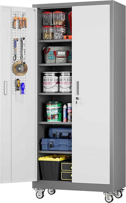 Aobabo Upgraded Garage Storage Cabinets with Wheels,Metal Storage Cabinets with 5 Adjustable Shelves for Garage Home Office Storage, Grey&White,71''H*32''W*16''D,Assembly Required