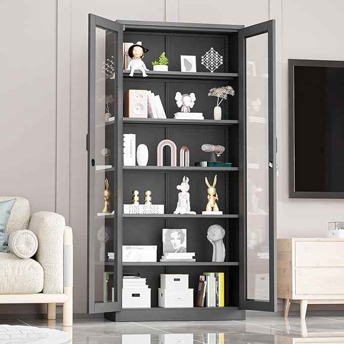 VINGLI Lockable Display Cabinet with Glass Doors & 5 Adjustable Shelves, 71" Tall Black Metal Storage Cabinet Curio Liquor, Bookshelf Bookcase for Home Office Living Room Pantry Garage