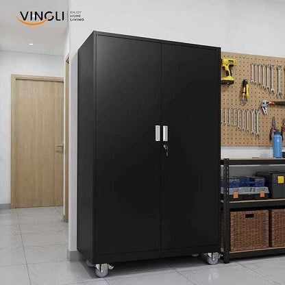 VINGLI Large Metal Storage Cabinet with 2 Doors and 5 Adjustable Shelves, Upgraded Height & Wide & Deep, 43''W x 20''D x 72''H, Oversized Garage Storage Cabinet with Wheels and Locks (Black)