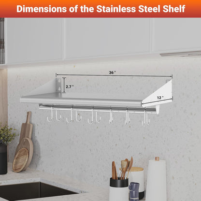 Skyflame 12" x 36" Wall Shelf with 6 Hanging Hooks for Storage, Stainless Steel Commercial Shelving with Side Guards for Bar, Utility Room, Kitchen, Garage
