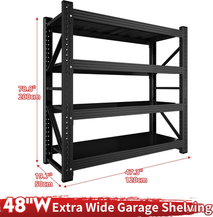 4000LBS Garage Shelving 48" W Garage Shelving Heavy Duty 4-Tier Metal Storage Shelves Adjustable Shelf Unit Storage Rack for Basement Supermarket Warehouse 48" W x 20" D x 78" H Black