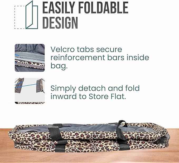 Extra Large Utility Tote Bag - Oversized Collapsible Reusable Wire Frame Rectangular Canvas Basket With Two Exterior Pockets For Beach, Pool, Laundry, Car Trunk, Storage - Leopard