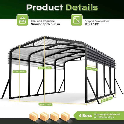 12x20FT Heavy Duty Metal Carport, Outdoor Portable Car Garage w/Reinforced Support Rods & Windproof Ground Anchors, All-Season Versatile Outdoor Shelter for Car Boats Truck