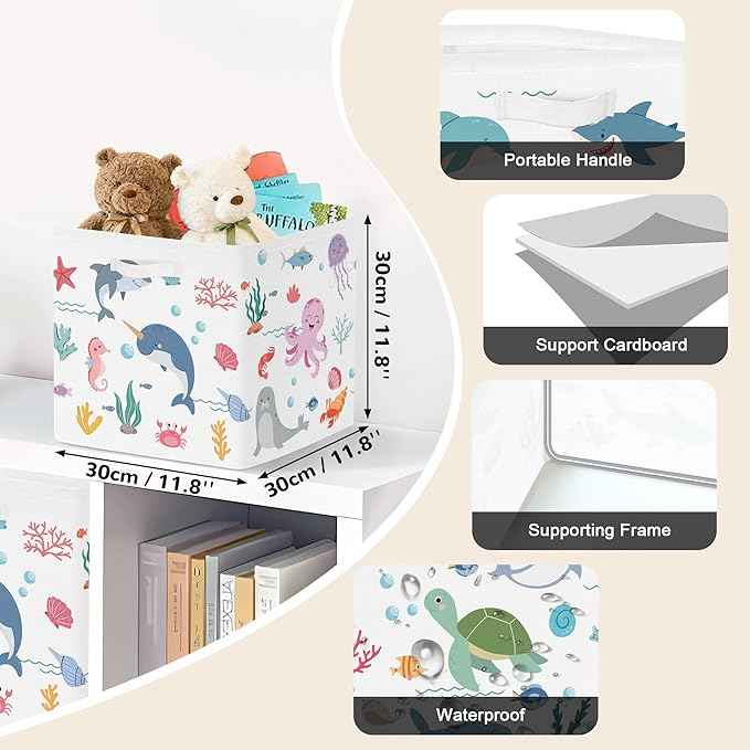 Clastyle Ocean Animals Storage Cube Organizer Set Handle Closet Clothes Cube with Metal Frame Foldable Parents Organizer Storage Basket for Book Toy,White,11.8x11.8x11.8 in