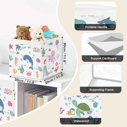 Clastyle Ocean Animals Storage Cube Organizer Set Handle Closet Clothes Cube with Metal Frame Foldable Parents Organizer Storage Basket for Book Toy,White,11.8x11.8x11.8 in