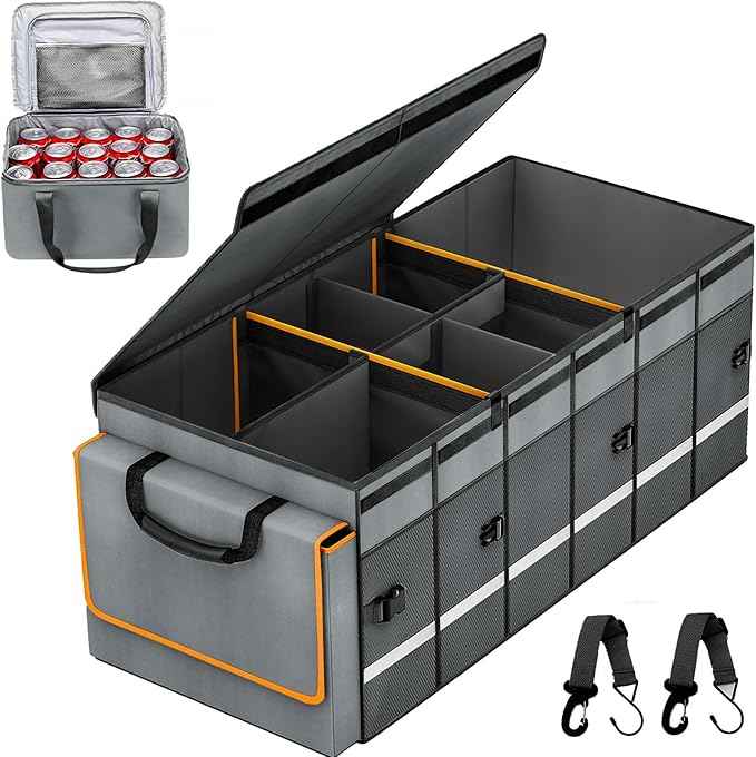 Car Trunk Organizer and Storage with Removable Leakproof Cooler Bag, 6 Removable Dividers for Custom Space, Collapsible Trunk Storage with Non Slip Bottom, Foldable Cover for SUV, Jeep, MPVs